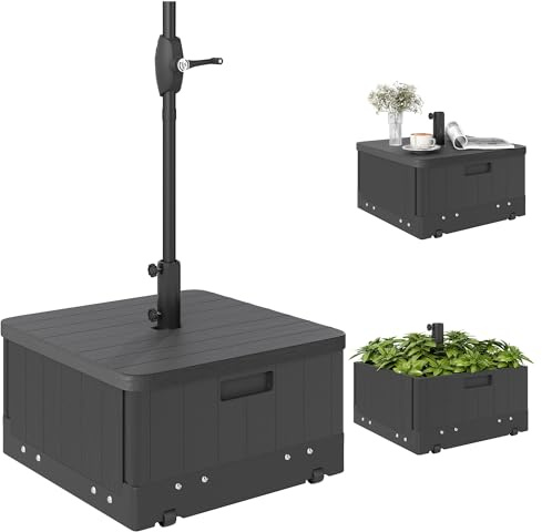 Outsunny Base para Sombrilla Exterior 3 en 1, Mesa Auxiliar, Macetero con Orificio de Drenaje, Soporte de Parasol Rellenable Arena 80 kg con Ruedas y Asas para Sombrilla con Postes Ø38 y Ø48 mm, Negro