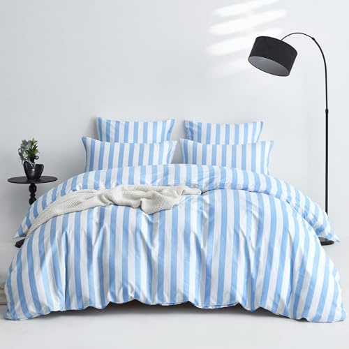 YASMENG - Funda nórdica de 220 x 240 cm, algodón, color azul claro y blanco a rayas, juego de cama de 220 x 240 cm, estilo moderno, suave, transpirable, ropa de cama para 2 personas con cremallera y 2