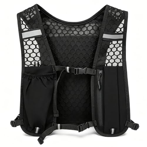 Gilet d'Hydratation Running Noir, Sac à Dos de Course à Pied Ultraléger et Respirant pour Homme et Femme, Gilet Trail avec Poches pour Téléphone et Gourde, Idéal pour Marathon, Cyclisme, Randonnée