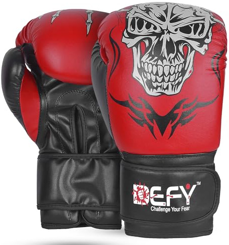 Defy Sports Boxing Gloves for Men and Women - Premium Quality Faux Leather Kick Boxing Gloves – Gel Infused Kickboxing Gloves with Thumb Support - Versatile Usage – Skull Model Design (Red, 14 oz)