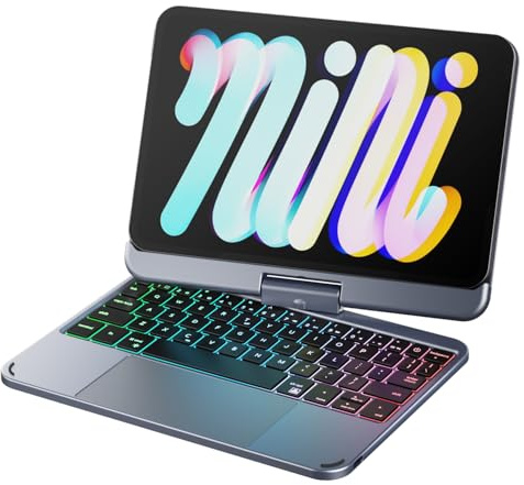 doqo iPad Mini 7/Mini 6 Tangentbordsfodral 2021/2024 Generation 8,3 tum med pekplatta, 7-färgs trådlös bakgrundsbelysning, 360° rotation, smalt skyddande flipfodral grå tysk Qwertz layout