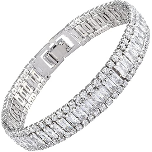 [RIZILIA ICONIC] Trippelrader 2 mm x 4 mm vit kubisk zirkonia 18K vitguldpläterat brett tennisarmband, 7 tum, Metall, simulerad vit topas