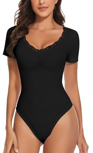 WOWENY Body pour femme, haut élégant à manches courtes et col en V en dentelle, sexy et décontracté