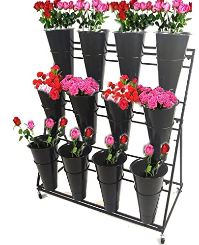 Flower Display Stand With 12 Buckets, Metal Plant Stand Mobile Flower Shelf With Wheels ,3 Layer Floral Rack Holder For Florist Garden