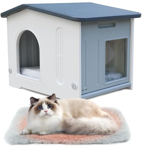 Plastic Cat House for Outdoor Indoor Use, Feral Cat House with Escape Door and Soft Mat, Cat Houses for Outdoor Cats Outside Cat Shelter for Small Pet, Assemble Easily - Grey