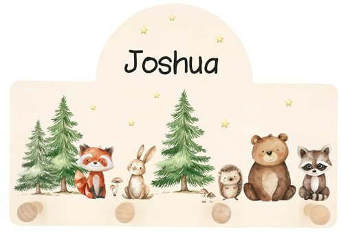 Geschenkfreude Personalsierte Kindergarderobe mit Namen aus Holz - Kinder Garderoben Waldtiere - einzigartige Kinderzimmer Deko - Wandgarderobe - Baby Garderobe - Kleiderhaken für Kinder