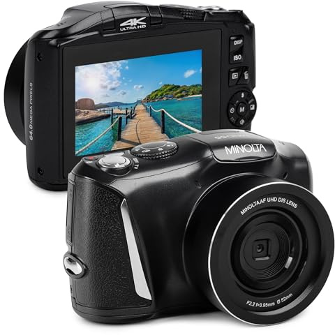 Minolta 64MP Digital Camera – 4K Ultra HD Video at 60FPS, 16x Digital Zoom, WiFi, CMOS Sensor, 3-inch LCD Display, Auto Exposure - Includes 32GB Memory Card, Rechargeable Battery (Black)
