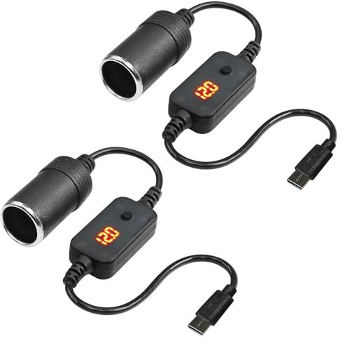 2 unidades USB a encendedor de cigarrillos de 12 V, adaptador USB C a 12 V, adaptador de encendedor de cigarrillos con voltímetro, voltaje ajustable de 5 V/9 V/12 V, indicador adecuado para cargador