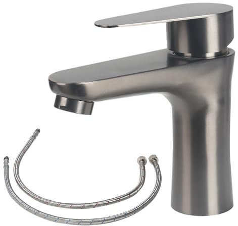 Minnhua Mitigeur Lavabo en Acier Inoxydable 304, Robinet Salle Bain avec Tuyau, Robinet Lavabo avec Accessoires de Montage, eau Chaude et Froide Lave Main (Gris)
