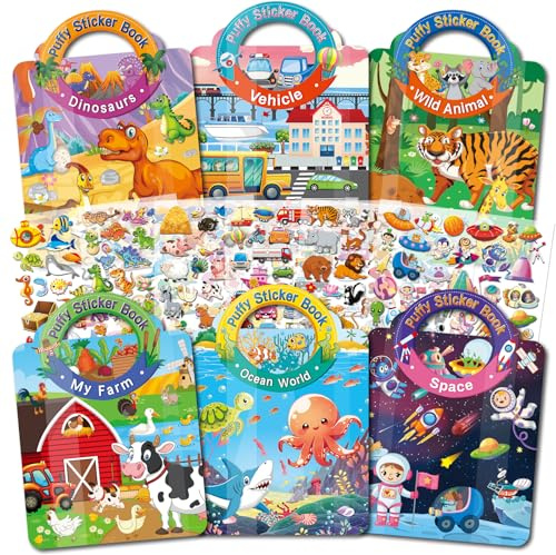 Elfew 6 Stück 3D Wiederverwendbare Stickerbücher für Kinder 2-4 Jährige, Aufkleber für Kinder, Stickerbuch ab 2 Jahre Jungen, Mädchen Geschenk, Kleinkinder Geburtstag Party Zubehör