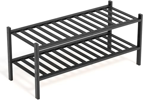 BAM BOO BOX - Schuhregal aus Bambus, Schuhablage mit 2 Ebenen, 68 x 28 x 32 cm, Erweiterbar Stapelbar, Schuhschrank Holz, Shoe Rack, Regal für Wohnzimmer oder Flur (Schwarz)