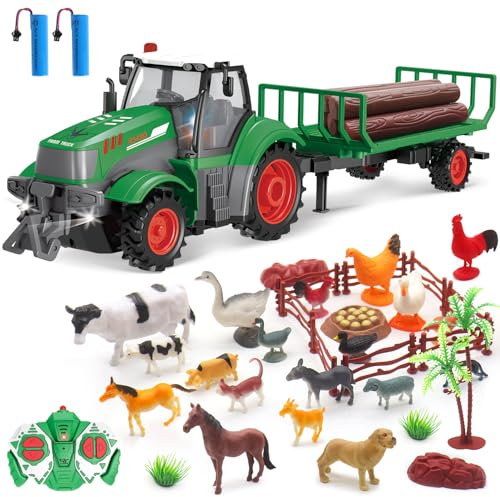 Mostop Tracteur télécommandé 1/24 avec camion, remorque, bois et ranch - Jouet de ferme RC avec 2 batteries - Lumière - Jouet de ferme pour garçons et filles