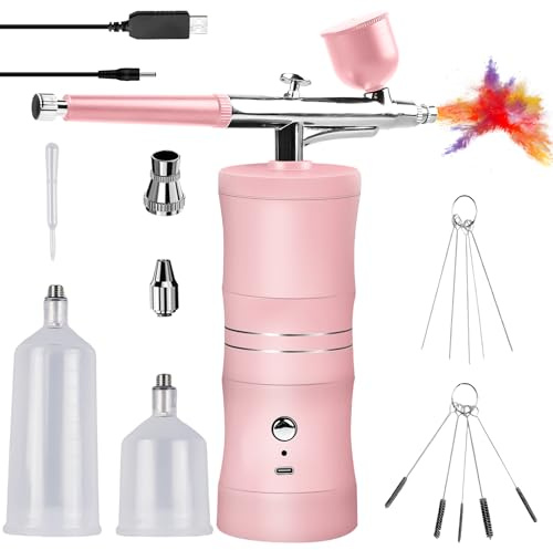 Airbrush set med kompressor, multifunktion handhållen airbrushpistol, bärbar och trådlös airbrush för nageldesign, kakdekoration, smink, modellfärg, tatueringsmodellering (rosa)
