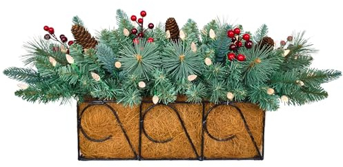 Assilyraft 26 Pre-Lit Christmas Tabletop Decoration – Blue Spruce Centerpiece with Pine Cones, Red Berries, 40 Dual-Color LED Lights with Timer, Battery Operated, Window Box Indoor Outdoor Xmas Decor