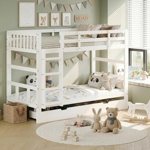 RXMORI lit superposé 90 x 200 cm, sommier à Lattes, Protection Contre Les Chutes, Mezzanine avec échelle, Maison avec 2 tiroirs, Bois Massif Blanc, pour Garçon et Fille