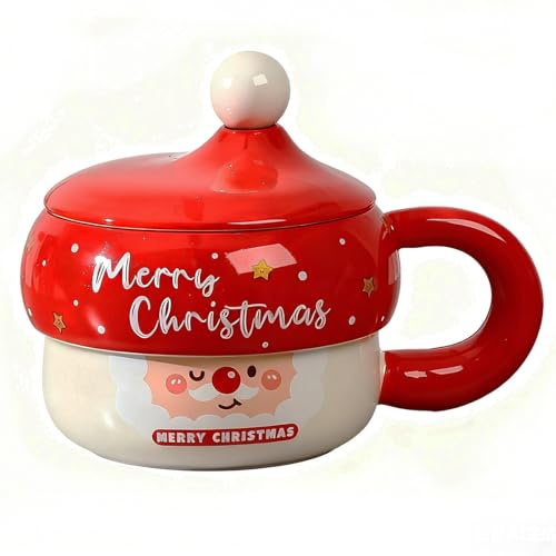 YJZQ Tasses à Café en Ceramique Mug Père de Noël avec couvercle 3D forme Bonnet de Noël 430ml Gobelet pour Lait Thé Chocolat Petit-Déjeuner