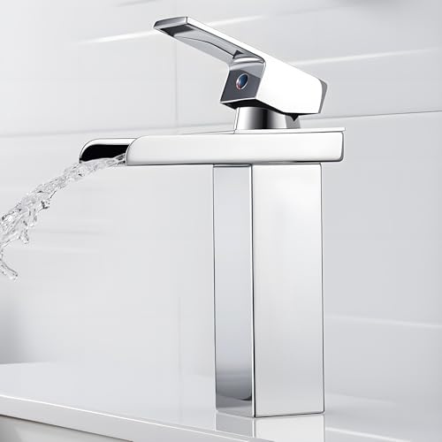 Wasserhahn Bad Wasserfall Waschtischarmatur Chrom, Einhebelmischer Waschbecken Armaturen aus Messing, Badarmatur Mischbatterie für Badezimmer mit Auslauf Höhe 150 mm, Warm und Kalt Wasser, G3/8