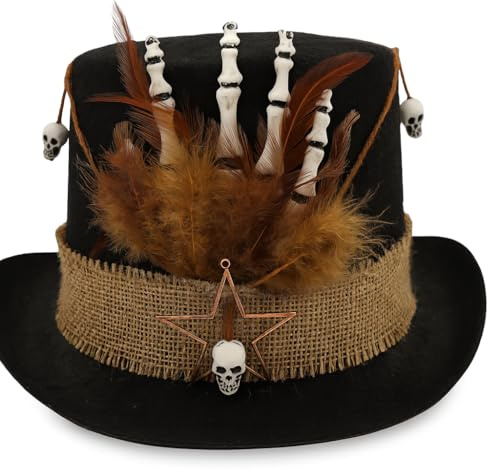 TrendandStylez Steampunk Zylinder Hut Schwarz mit Skeletthand, Federn & Totenkopf – Gothic Hut für Damen & Herren, Halloween, Karneval, Kostüm, Party Accessoire im Vintage Stil, elegant & gruselig