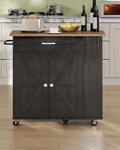 CHOEZON Carro de Cocina con Ruedas, Isla de Cocina con Espacio de Almacenamiento, Carrito con Ruedas, Encimera y Armario de Doble Puerta, Mesa para Isla de Cocina Móvil, Negro y Nogal DMZD04BL