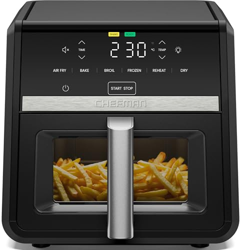 Chefman Friggitrice ad Aria TurboFry 8.5L, 6-in-1 ad Alta Potenza Cottura a 230°C, XL, Cestello con Finestra, Frittura ad Aria, Infornare, Griglia, Riscaldare, Disidratare, Scongelare - Nera