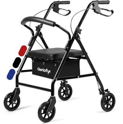 Geriafy - Andador plegable con Asiento y Frenos de Maneta | Modelo Lambda | Rollator de 4 Ruedas (15 cm) y Cesto | Caminador Ligero Regulable en Altura (Negro)