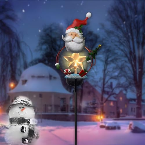 Wlinfetity Luz solar de estaca de jardín de Papá Noel, 31.5 pulgadas, decoración navideña de metal al aire libre para patio, camino, patio, iluminación festiva con sombrero rojo y diseño de acebo