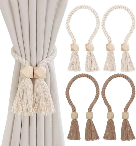 GTYHH Set di Cordoncini Magnetici per Tende da 4 Pezzi. Cordoncini Intrecciati con Supporto per Tende con Nappe, Adatti per Camera da Letto, Soggiorno, Ufficio