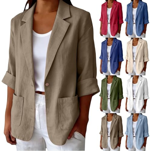Chemisier Femme Chemise et Veste ete Chemise en Lin Manche Longues Chemises Col de Costume Blouse Ample Casual Haut Femme Chic Et Elegant Legere Tenue de Bureau