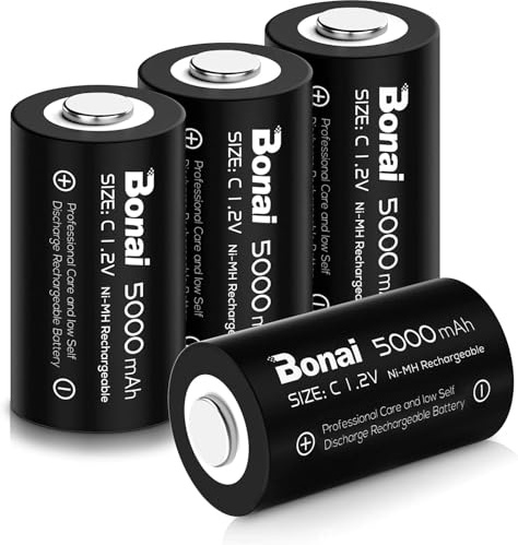 BONAI Rechargeable C Batteries 4 Pack, 5,000mAh High Capacity 1.2V Ni-MH C Cell Battery, Long-Lasting Power for Flashlights, Radios & Toys, Pre-Charged & Low Self-Discharge (Size C, 4 Count)
