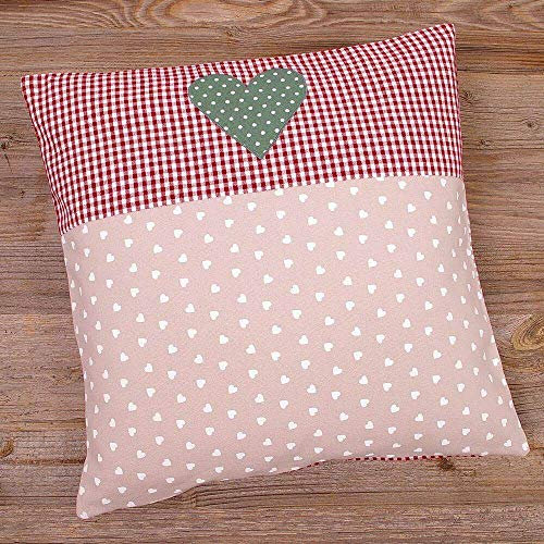 Kissen-Bezug in 40x40 cm für Deko-Kissen Sofa-Kissen - Baumwolle Kissen-Hülle VRONI im Landhaus-Stil Herzen rosa rot kariert - Waschbarer Reißverschluss Zierkissen-Bezug für Couchkissen