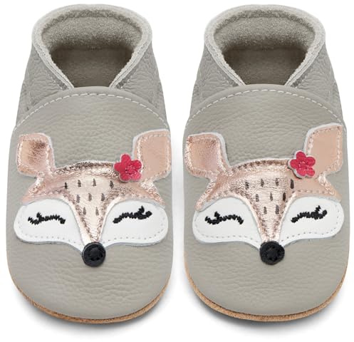IceUnicorn Chausson Bebe Chausson Cuir Souple Bebe Garçon Fille Premiers Pas Chaussons Bébé(Renard Gris Clair, 12-18 mois)
