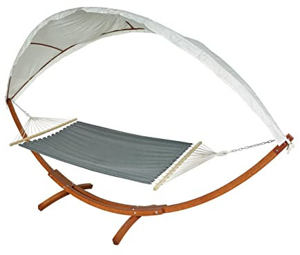 Hängematte HWC-J47, Hängeschaukel bis 200kg Sonnendach MVG-Holzgestell 420cm 2 Personen - braun, grau