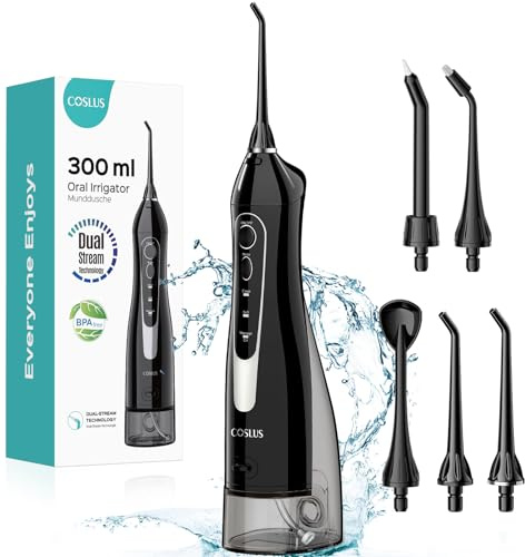 COSLUS Water Dental Flosser Teeth Pick C20(F5020E): Portable Cordless Oral Irrigator 300ML Rechargeable Travel Irrigation Cleaner IPX7 Waterproof Electric Flossing Machine for Teeth Cleaning