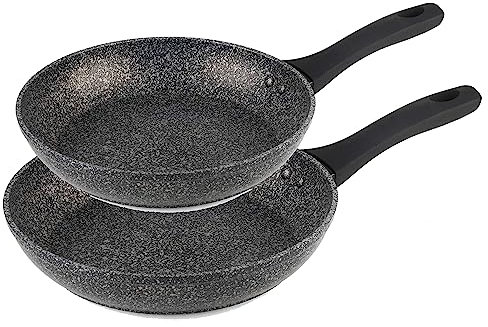 Salter COMBO-8577A Frying Pan Set, Non-Stick Forged Aluminium Cooking Pan, Induction Suitable, Corrosion-Resistant, Dishwasher & Metal Utensil Safe, Soft-Touch Handle, Megastone, Silver/Black, 20/24cm