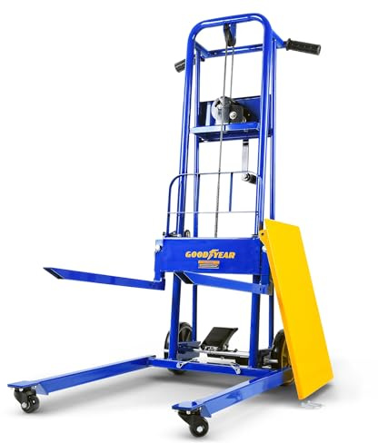 Goodyear Material Lift Winch Stacker, Pallet Truck Dolly, 330 Lbs 40 Max Lift w/ 8 Wheels, Swivel Casters [Patented]