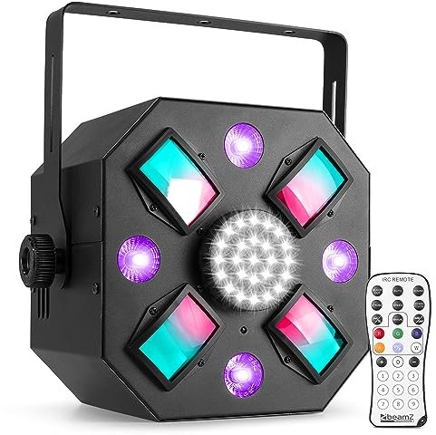 BeamZ MULTIACE3 Jeu de Lumière pour Soirée, Effets 3 en 1, Stroboscope, Derby et Lumière Noire, Modes DMX ou Auto, Télécommande, Facile à Installer avec Etrier, Idéal pour Animer vos Soirées