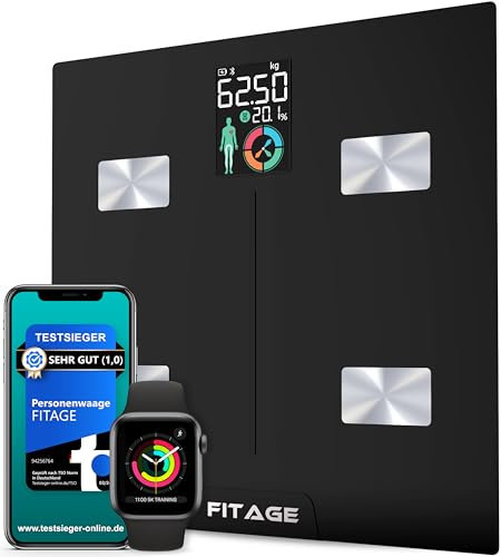 FITAGE Personenwaage digital Testsieger 2024, Körperwaage bis 180kg, Körperfettwaage mit 17 Körpermesswerten, Körperanalyse mit App, Waage mit Körperfett und Muskelmasse mit großem LCD-Display
