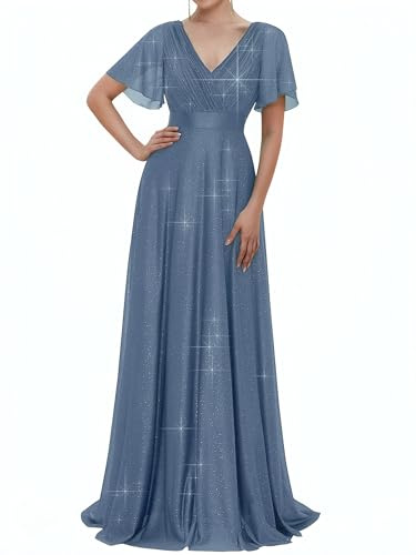 Ever-Pretty Women's Glitter Formal Dress V Neck Short Sleeve A-Line Evening Gown for Gala Dusty Blue US18