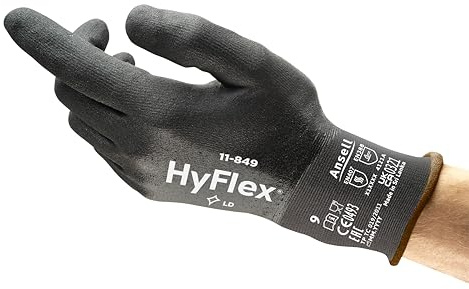 Ansell HyFlex 11-849 Gants de Travail Professionels Résistant à l’Abrasion, Protection Multi-Usage, Mécanique, Manutention, Montage, Gant Sécurité Lavable, Noir, Taille M (1 Paire)