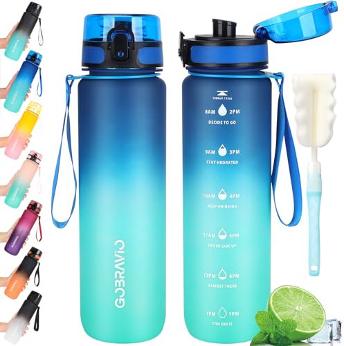 Gobravio Water Bottle 1L BPA Free Sports Drink Bottle Dishwasher Safe Canteen Bottle Leakproof Motivational Water Bottle with Time Markings