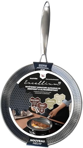 POELE A CREPES & GALETTES - EXCELLIUM 3D - Poêle Anti-adhésive Professionnelle - Compatible Four - Résistante & Polyvalente - Nid d'Abeille anti-rayures - Manche ergonomique anti-chaleur - 32 cm
