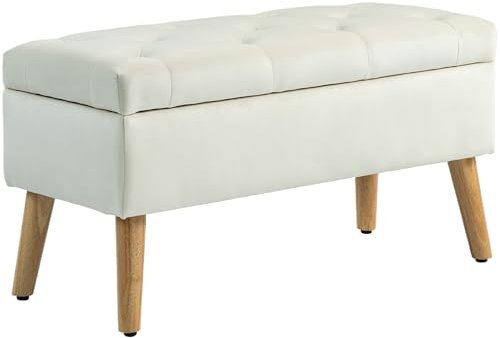 HOMCOM Banc de Rangement, Coffre de Rangement, avec Couvercle, Tissu Effet Velours, Pieds en Bois, Charge jusqu'à 120 kg, pour Salon, Chambre, entrée, 80 x 35 x 42 cm, crème