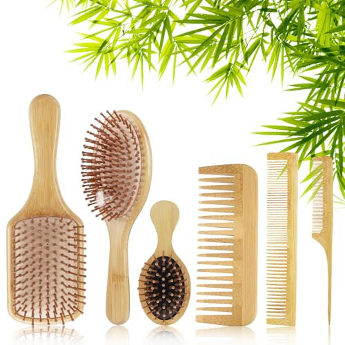 6 Pcs Bamboo Hair Brush,Bamboos Comb Set,Bamboo Hairbrush Set of 3 Air Cushion Brushes and 3 Combs Antistatic,Natural Bamboos Hairbrush Set for Enhance Shine,Massage Scalp Improve Tangles