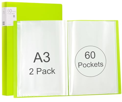 Srvnpioy 2 Stück A3 Päsentationsdisplay Buch, Sichtbuch in A3 Format, Mit 60 Klarsichthüllen für 120 Blatt, für Kunstwerke, Urkunden, Portfolio, Grün