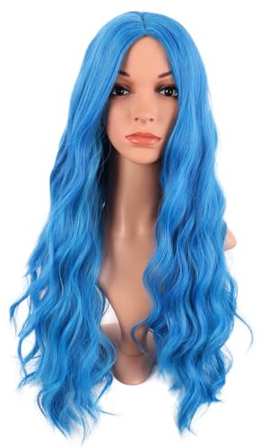 MapofBeauty 28 Inch/70 cm Long Wavy Middle Part with No Bangs Synthetic Fiber Curly Fashion Women Party Cosplay Wig (Mixed Vivid Blue)