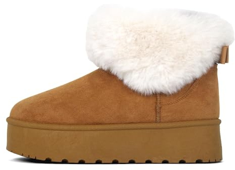 Women Platform Snow Boots – Faux Fur Lined Suede Ankle Boots, Warm Winter Ladies Booties, Fashion Outdoor & Indoor Slip-On Shoes (CAMEL, Adult, Women, 4, Numeric, UK Footwear Size System, Medium)