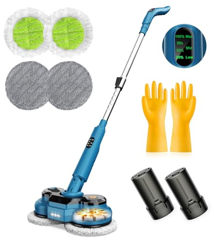 Mocio Elettrico Cordless da 21V, 300ML Serbatoio, Illuminazione a LED, 4 Cuscinetti, Mop Elettrico Lavapavimenti senza Fili con Faro LED e Spruzzatore, per Pavimenti in Legno Duro e Piastrelle
