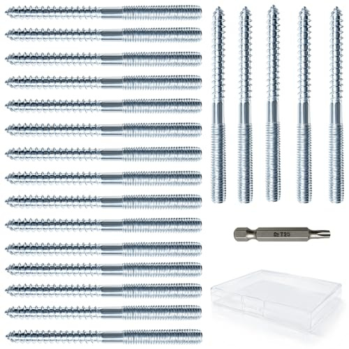 20 Stück Stockschrauben M8 x 100 mm, Verzinkter Kohlenstoffstahl Doppelgewindeschrauben, Torx Stockschrauben für Möbelmontage, Rohrschellen und Holzverbindungen mit Torx T25 und Aufbewahrungsbox