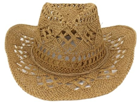 Sombrero de Vaquera Marrón, Sombrero de Vaquero de Paja Unisex Tejido a Mano Transpirable Vaquera Occidental Diseño Hueco Sol de ala Ancha para Fiesta en la Playa de Verano al Aire Libre Mujeres Homb