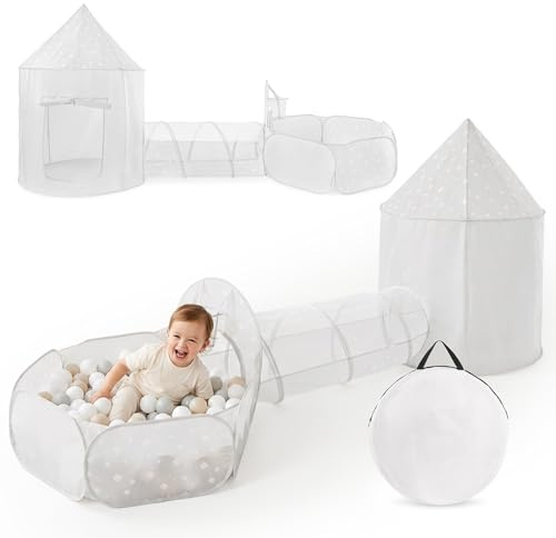 Mamabrum Set de Jeu 3 en 1 Château, Tunnel et Piscine à Balles en Polyester, Design Étoiles Blanc et Gris, 345 × 72 × 145 cm, pour Enfants dès 36 Mois